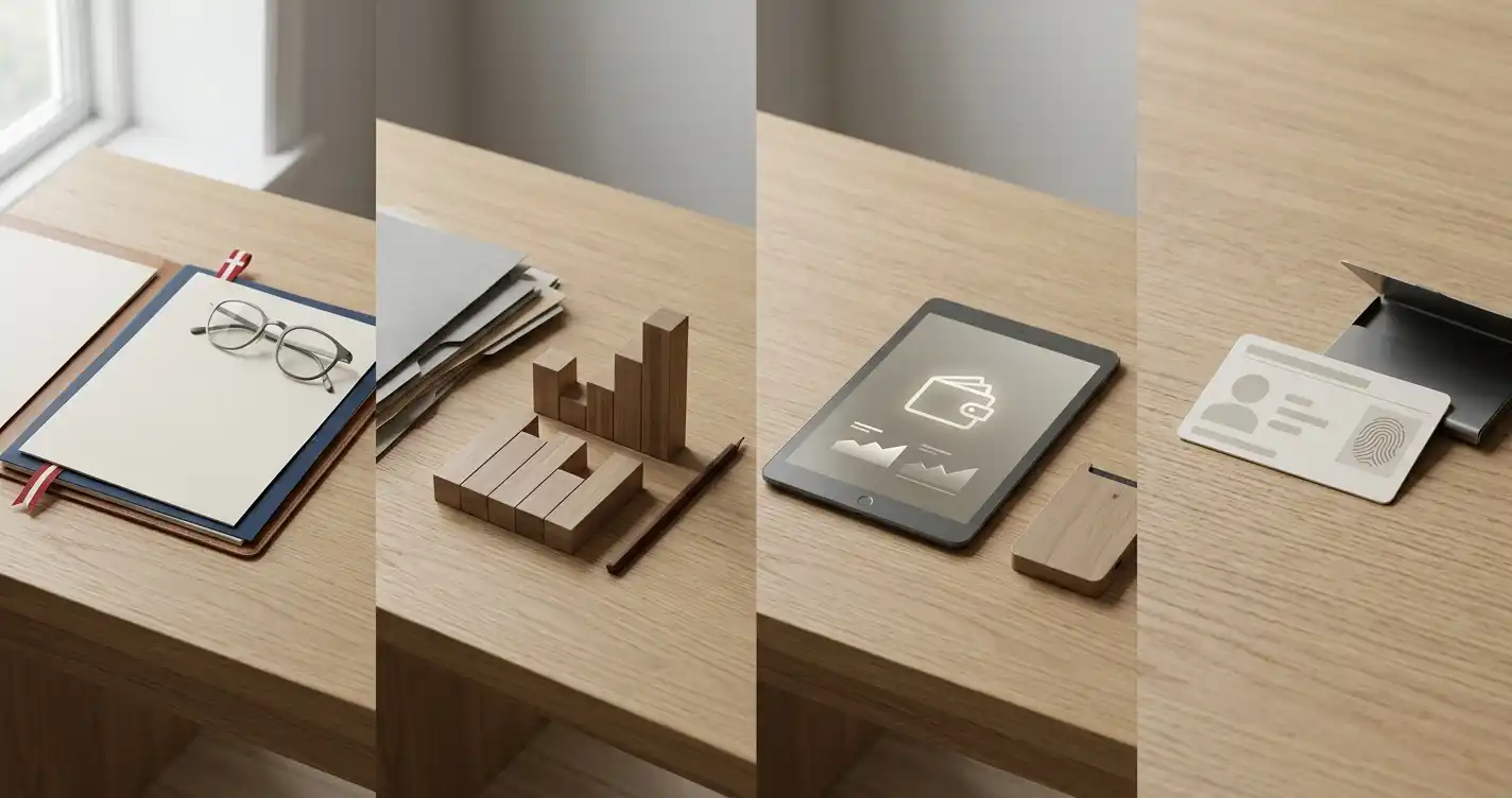 Neutral illustration af fire danske kontrolpunkter: licens, skat, betaling og KYC
